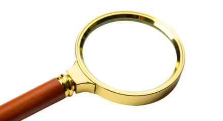 A close up shot of a magnifying glass with a wooden handle against a solid black background studio shot