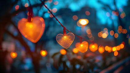 Decorative heart-shaped string lights glowing warmly in an outdoor setting, creating a romantic ambiance with blurred background, for festive celebrations and intimate gatherings