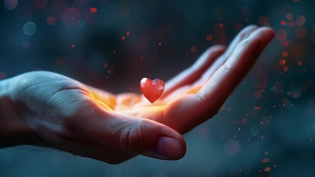 A glowing geometric heart symbolising innovation and love rests delicately in the palms of your hands — this image will serve as a striking backdrop for presentations on technology or creative project