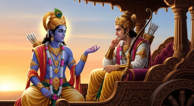 Lord Krishna and Arjuna on Chariot. Semi-Realistic Divine Digital Art.