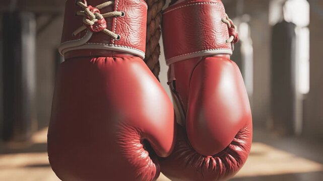 Red boxing gloves hanging on thick rope in gym with blurred background, leather sports equipment for training and workout, symbolizing strength and determination in sports competition