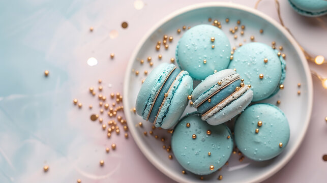 Blue macarons arranged on a white plate, surrounded by golden sprinkles, set against a soft pastel background, showcasing a delightful dessert presentation for culinary enthusiasts and event planners