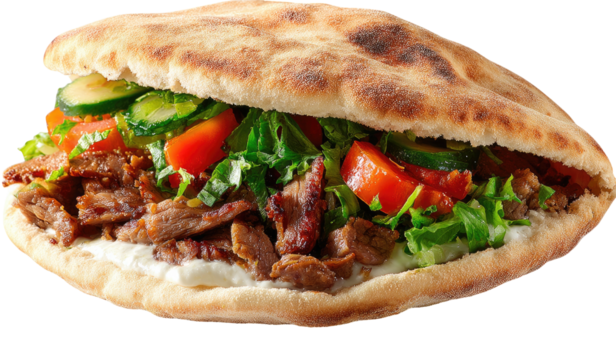 Savory meat, fresh vegetables, and creamy sauce stuffed into a warm flatbread