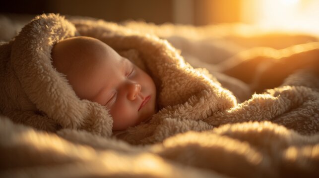 The baby rests comfortably wrapped in a soft blanket, enjoying the warm sunlight that gently bathes the cozy surroundings. In this tranquil scene, the baby radiates peace and seren