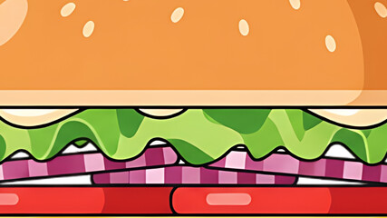 Delicious close-up of a juicy hamburger with fresh lettuce and red onion