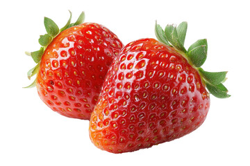 Two ripe red strawberries with green stems and seeds