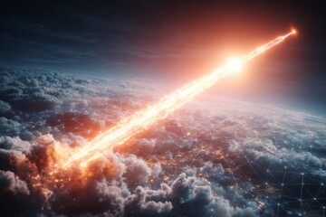 Skyward power: a missile's path through the expansive sky. Digital web. Military intentions: a missile's prominent passage above. Smart technology. Data network.