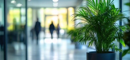 A potted plant stands in focus, with blurred figures walking in a modern, bright office space in the background.