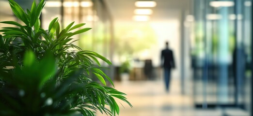 A modern office environment featuring a lush plant in the foreground, with a blurred figure walking in the background, suggesting a peaceful workplace atmosphere.