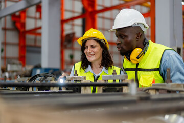 female engineer supervisor use computer laptop to discuss progress of production plan innovation with technician, team of diverse workers working together at industrial manufacturing factory