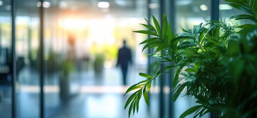 A blurred figure walks through a modern office space, with vibrant green plants in focus, creating a serene and professional atmosphere.