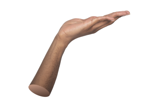 Open hand gesture. African man extending palm forward in a symbolic act of offering or asking,