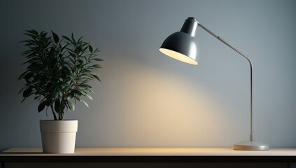 A stylish desk lamp illuminates a small potted plant on a wooden surface, creating a cozy and inviting atmosphere.