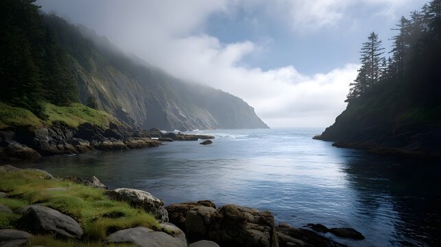 Misty morning light illuminates a serene coastal cove with rugged cliffs and calm ocean waters