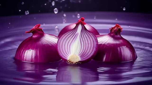 Cinematic slow-motion close-up showing red onions striking the surface of pure water, causing elegant splashes and circular ripples