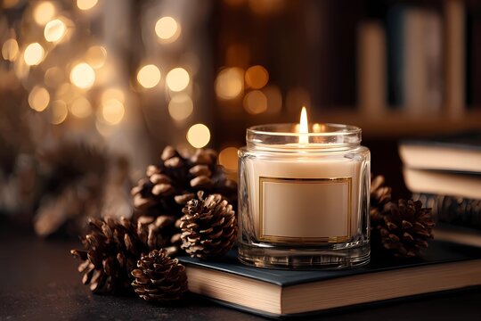 Warm candlelight glows beside pinecones and books in cozy setting during winter evening