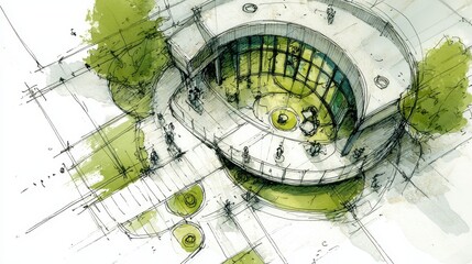 Modern urban design drawing showing an architectural sketch of a circular building with green landscaping and pedestrian areas, illustrating a contemporary city concept