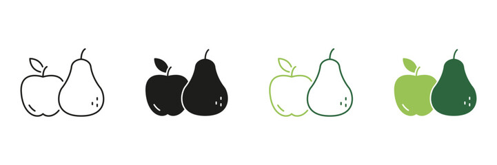 Apple And Pear Line And Solid Icon Set. Fruit Pairing, Healthy Eating, And Nutrition Symbol Collection. Fresh Produce And Dietary Choices Representation. Isolated Vector Illustration