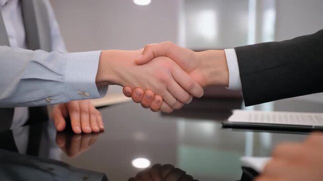 Two businessmen's hands on a reflective conference table during a meeting.