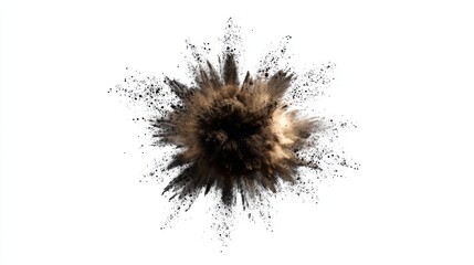 Dynamic black and brown powder exploding on a white background, creating an abstract burst of dust particles, visualizing energy, chaos, and impactful motion