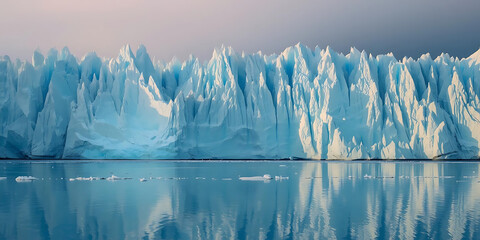 Majestic jagged ice wall towering over still blue water, reflecting icy peaks, serene and tranquil
