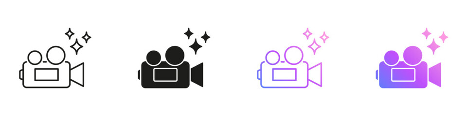 AI Camera Icons for Artificial Intelligence Video Recording, Multimedia and Smart Automation Line and Solid Icon Set. AI Filmmaking and Innovation Symbol Collection. Isolated Vector Illustration