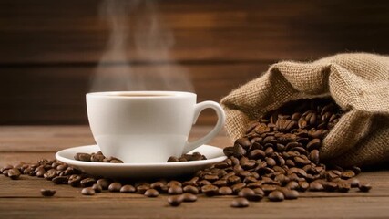 Steaming cup of coffee with roasted beans on a rustic wooden table, Aromatic coffee steams gently beside a burlap sack overflowing with freshly roasted coffee beans, creating a warm and inviting scene - Powered by Adobe