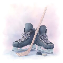 Watercolor illustration of ice hockey skates, wooden stick and pucks on pastel background, winter sport equipment, cold season concept
