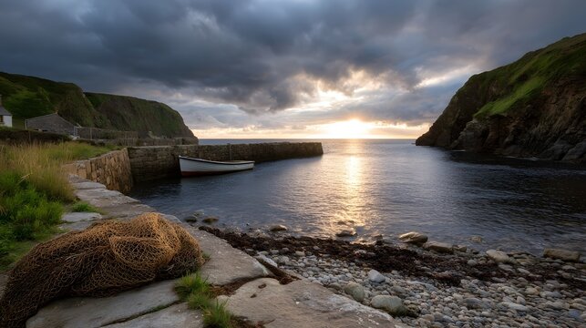 Dramatic sunrise over a serene coastal cove with a moored boat and fishing nets