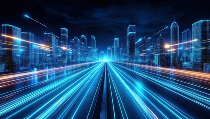 A futuristic cityscape with glowing skyscrapers, illuminated streets, and a dynamic sense of motion, depicting a vibrant urban environment at night.