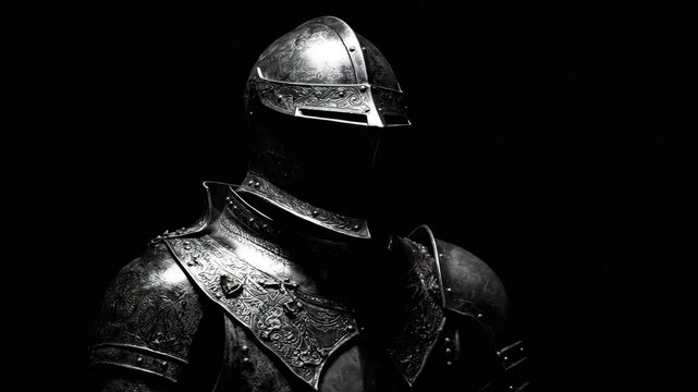 Detailed medieval knight armor display, showcasing historical metalwork with intricate engravings and chainmail textures for history concept.