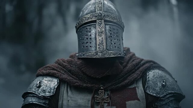 Medieval templar knight in metal helmet and armor standing in mysterious foggy forest. Historical warrior ready for battle or quest concept.