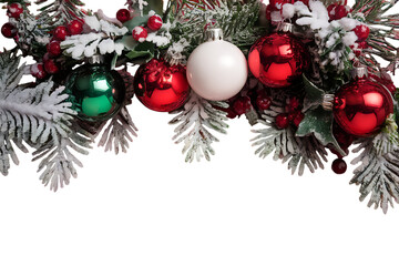 Festive Christmas Decoration with Colorful Ornaments, Berries, and Snow-Covered Pine Branches Adorning the Holiday Season 