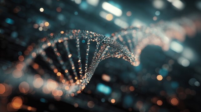 The image showcases a stunning DNA strand composed of glowing particles, emphasizing the beauty of DNA's intricate design. This captivating DNA representation highlights its founda - Powered by Adobe