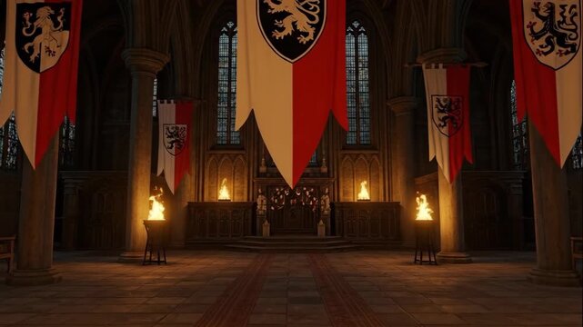 A dramatic and cinematic medieval hall or gothic church interior decorated with hanging banners and torchlight for a historic scene.