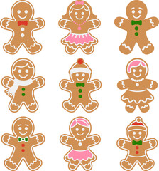 Сollection of funny gingerbread men and women cookies in black doodle style. Perfect for Christmas-themed vector illustration set, humorous seasonal graphics