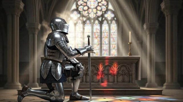 Knight kneeling with sword in a church, praying or contemplating in solemn light