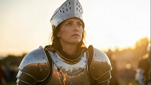 Woman in gleaming medieval armor adjusting helmet and looking confidently into distance at sunset or sunrise. Historic reenactment or fantasy concept.