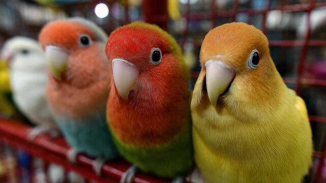 Colorful pet birds sit close together in a vibrant market, showcasing their bright feathers and engaging personalities