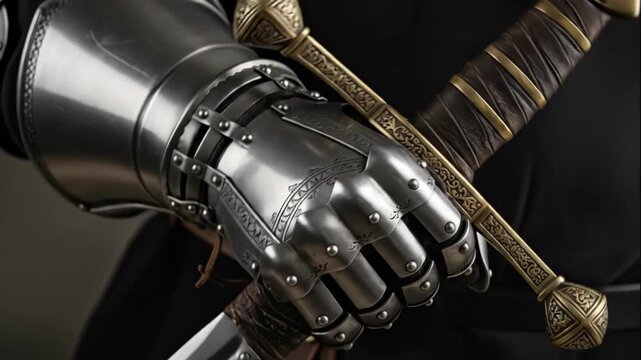 Man knight in medieval armor with a long sword. War and protection concept with historical metal gauntlet and weapon.