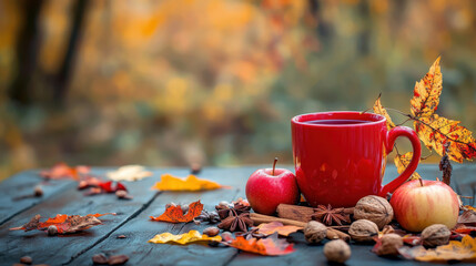 Cozy autumn scene with red mug of warm drink, fresh apples, walnuts, cinnamon, star anise and vibrant fallen leaves on rustic wooden table