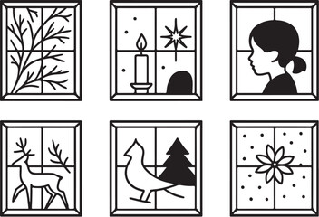 winter window frame compositions black and white vector illustration.eps