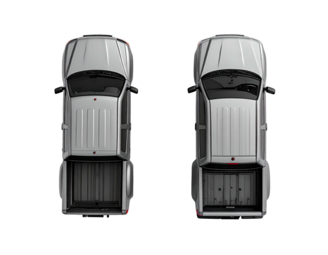 Two silver pickup trucks, top-down view, isolated