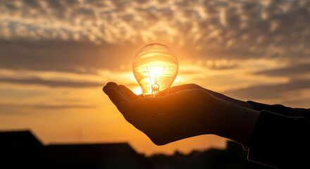A person's hands delicately cradle a glowing lightbulb against a vibrant sunset, symbolizing innovation and ideas in the natural world.