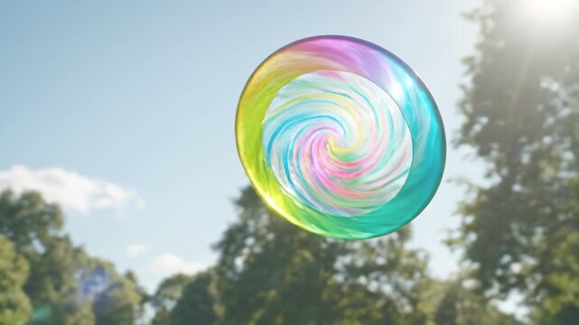 Colorful swirl bubble floating transparent in outdoor sunlight with sky and tree nature background vibrant flying disc motion green grass playful energetic fun park bright cheerful scene