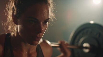 A woman is intensely focused as she squats with a heavy barbell in a gym, showcasing her physical strength during her workout. The woman demonstrates determination and skill with e