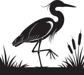 Heron Bird Silhouette — Black Vector Illustration of Wading Bird Standing in Wetland for Nature and Wildlife Design