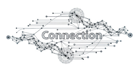 Abstract network of lines and dots forms a web of connection with the word 'Connection' at its center.