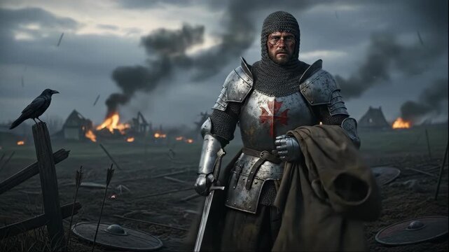 Medieval knight on battlefield after war, holding a sword and cloak. A dark raven watches the burning village. Concept of historic conflict.