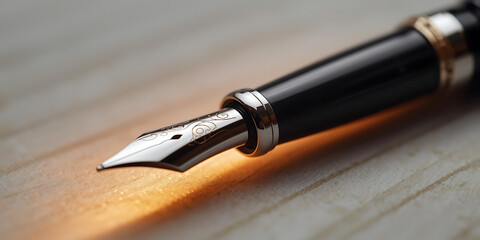 Close-up black fountain pen with shiny gold nib on textured wooden surface, elegant and sophisticated